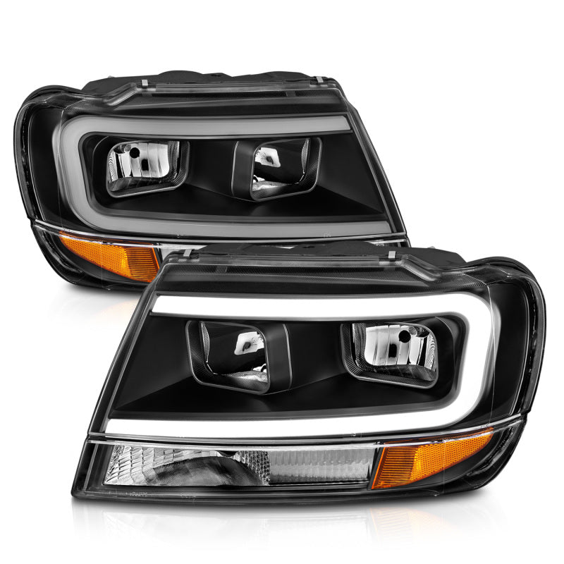 ANZO 111537 FITS 99-04 Jeep Grand Cherokee Crystal Headlightsw/ Light Bar Black Housing