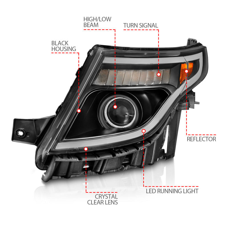 ANZO 111575 FITS 11-15 Ford Explorer (w/Factory Halogen HL Only) Projector Headlights w/Light Bar Black Housing