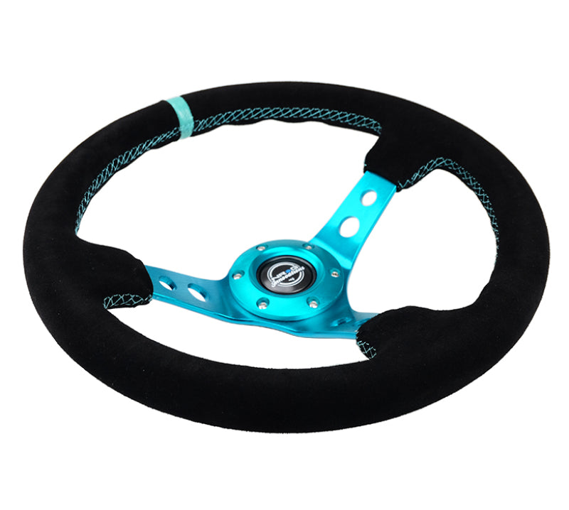 NRG RST-006S-TL - Reinforced Steering Wheel (350mm/ 3in. Deep) Black Suede/ Teal Center Mark/ Teal Stitching