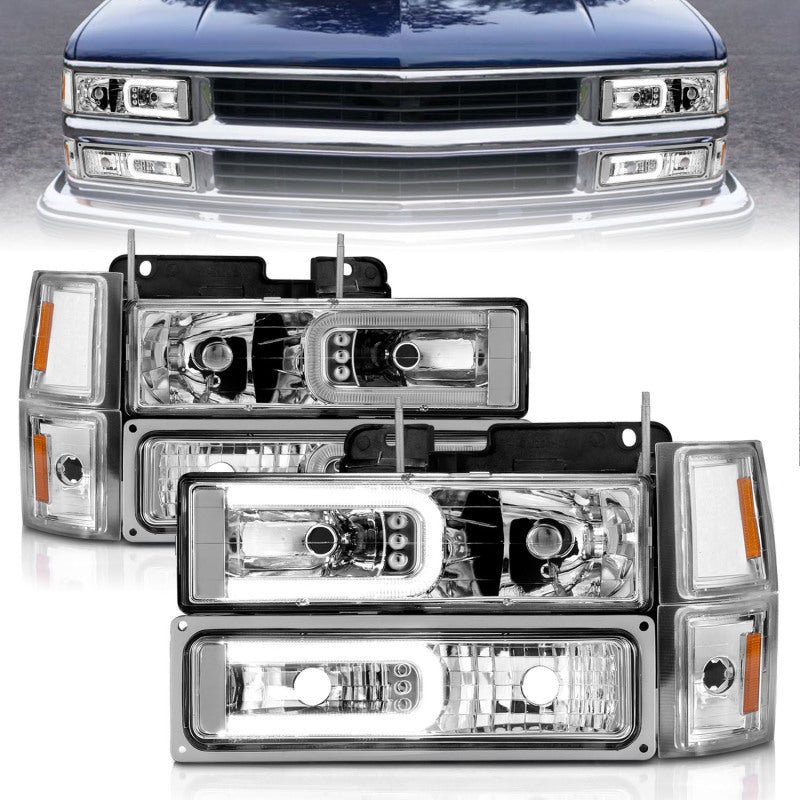 ANZO 111529 -  FITS: 88-98 Chevrolet C1500 Crystal Headlights w/Light Bar Chrome Housing w/ Signal Side Markers 8Pcs