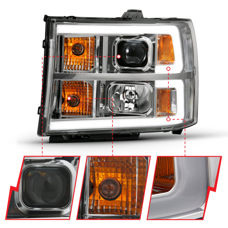 ANZO 111483 -  FITS: 2007-2013 Gmc Sierra 1500 Projector Headlight Plank Style Chrome w/ Clear Lens Amber