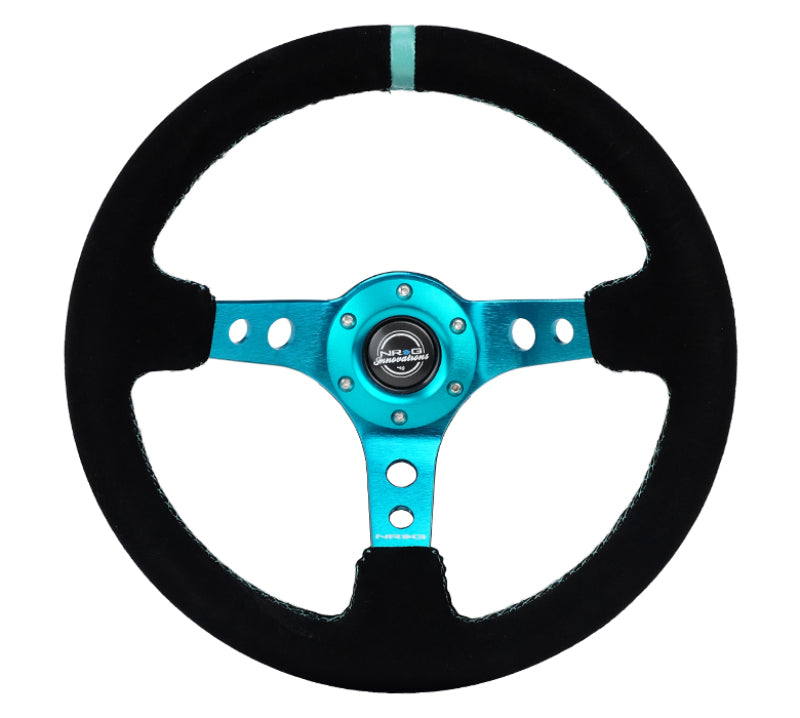 NRG RST-006S-TL - Reinforced Steering Wheel (350mm/ 3in. Deep) Black Suede/ Teal Center Mark/ Teal Stitching