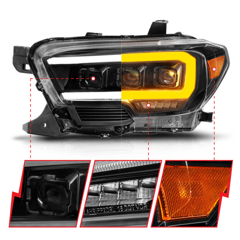 ANZO 111563 FITS: 16-22 Toyota Tacoma LED Projector Headlights w/ Light Bar Sequential Black Housing w/Initiation