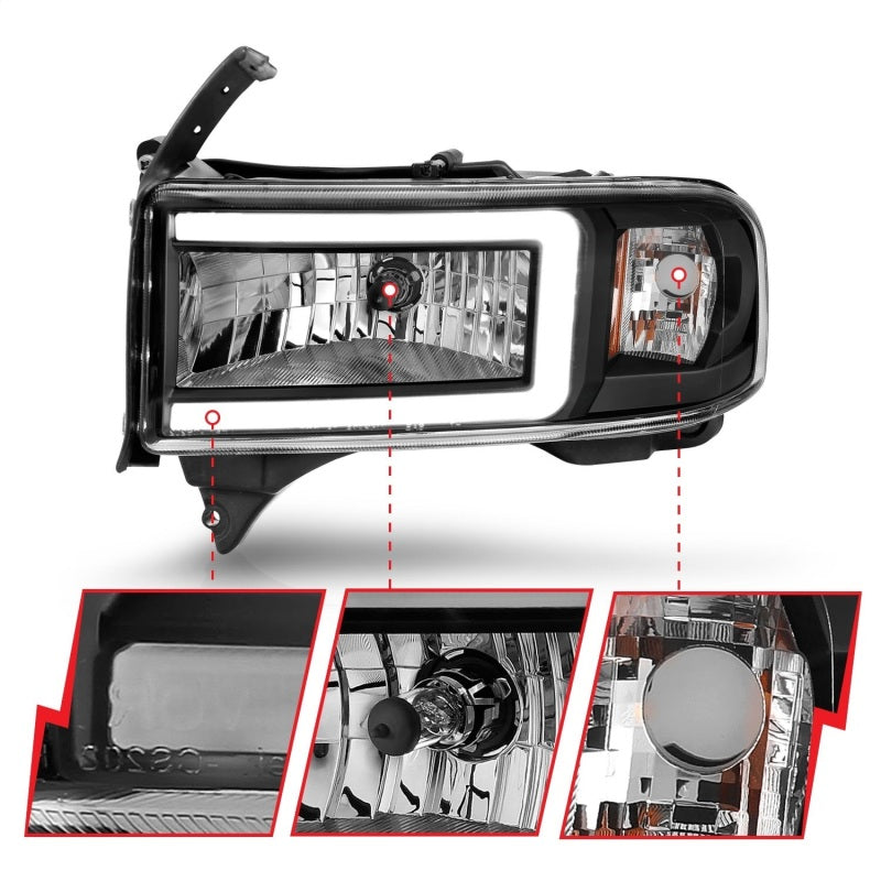 ANZO 111554 FITS 111554 - FITS: 94-02 Dodge RAM Crystal Headlightw/ Light Bar Black Housing