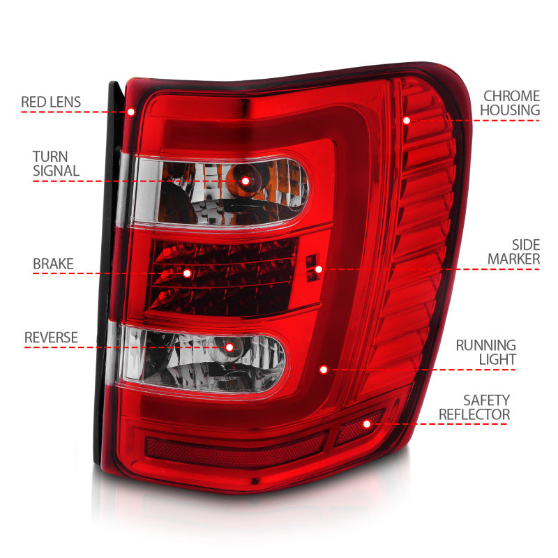 ANZO 311396 FITS 1999-2004 Jeep Grand Cherokee LED Tail Lights w/ Light Bar Chrome Housing Red/Clear Lens