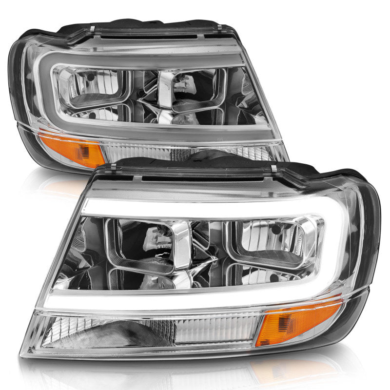 ANZO 111538 FITS 1999-2004 Jeep Grand Cherokee Crystal Headlights w/ Light Bar Chrome Housing