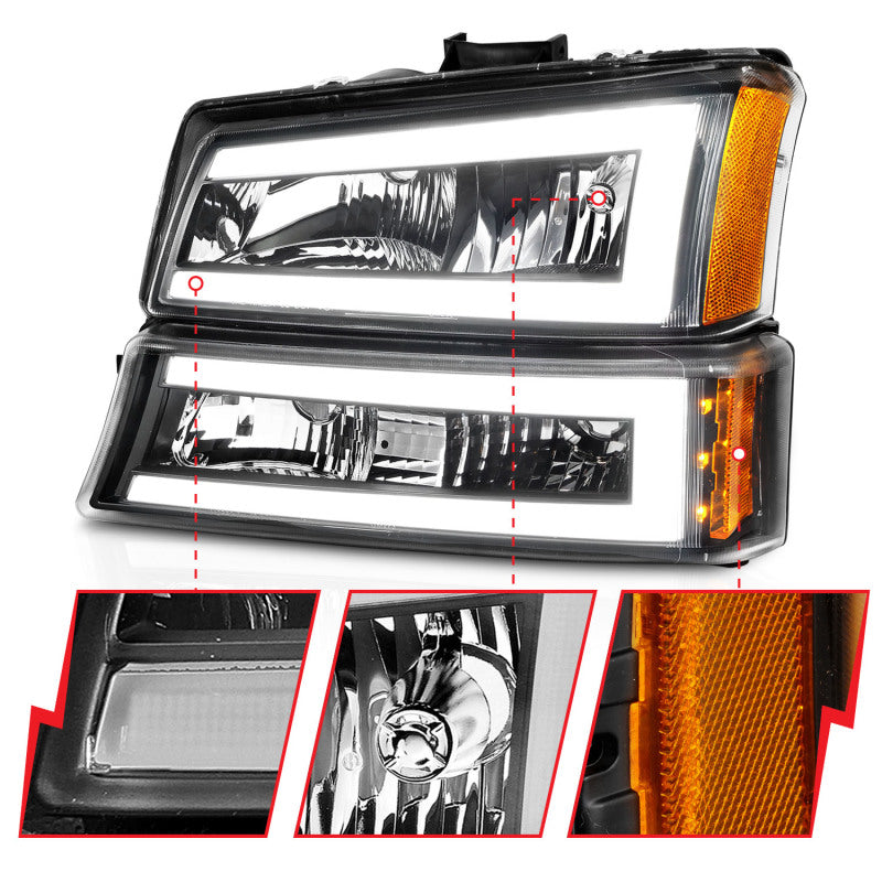 ANZO 111501 FITS: 2003-2006 Chevrolet Silverado 1500 Crystal Headlights w/ Light Bar Black Housing