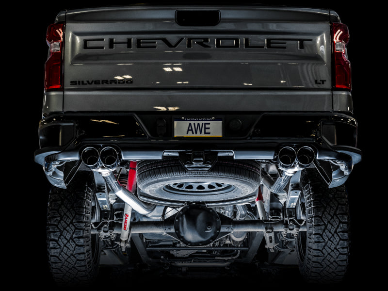 AWE Tuning 3015-42203 FITS 4th Gen GM 1500 6.2L 0FG Catback Split Rear Exit (w/ Bumper Cutouts) - Quad Chrome Tips