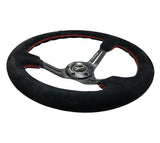 NRG RST-018S-RS - Reinforced Steering Wheel (350mm / 3in. Deep) Blk Suede w/Red Stitching & 5mm Spokes w/Slits