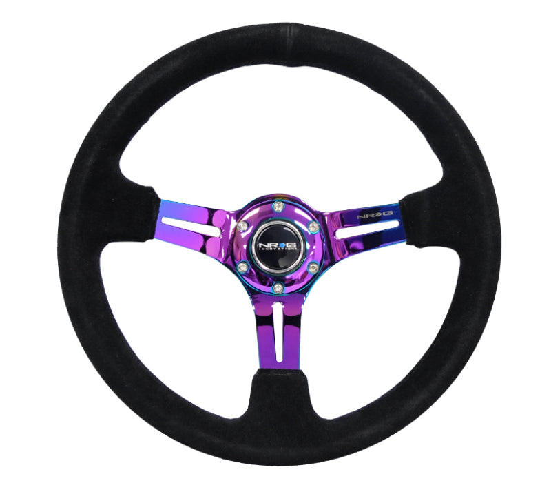 NRG RST-018S-MCBS - Reinforced Steering Wheel (350mm / 3in. Deep) Blk Suede/Blk Stitch w/Neochrome Slits