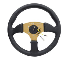 Load image into Gallery viewer, NRG Reinforced Steering Wheel (350mm / 2.5in. Deep) Leather Race Comfort Grip w/4mm Gold Spokes - free shipping - Fastmodz