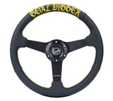 NRG RST-037MB-PR-GD - Sport Steering Wheel (350mm / 1.5in Deep) Black Leather/Gold Stitch w/Matte Black Solid Spokes