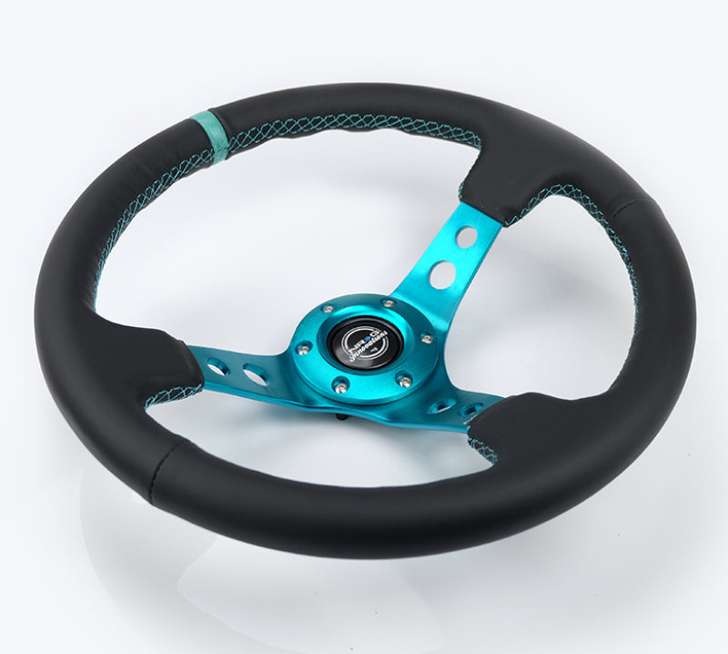 NRG Reinforce Steering Wheel (350mm / 3in. Deep) Blk Leather, Teal Center Mark w/ Teal Stitching - free shipping - Fastmodz