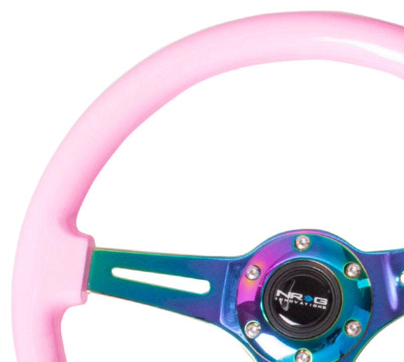 NRG ST-015MC-PK - Classic Wood Grain Steering Wheel (350mm) Solid Pink Painted Grip w/Neochrome 3-Spoke Center