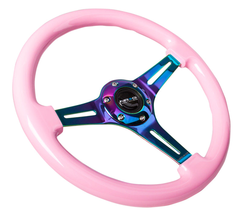 NRG ST-015MC-PK - Classic Wood Grain Steering Wheel (350mm) Solid Pink Painted Grip w/Neochrome 3-Spoke Center