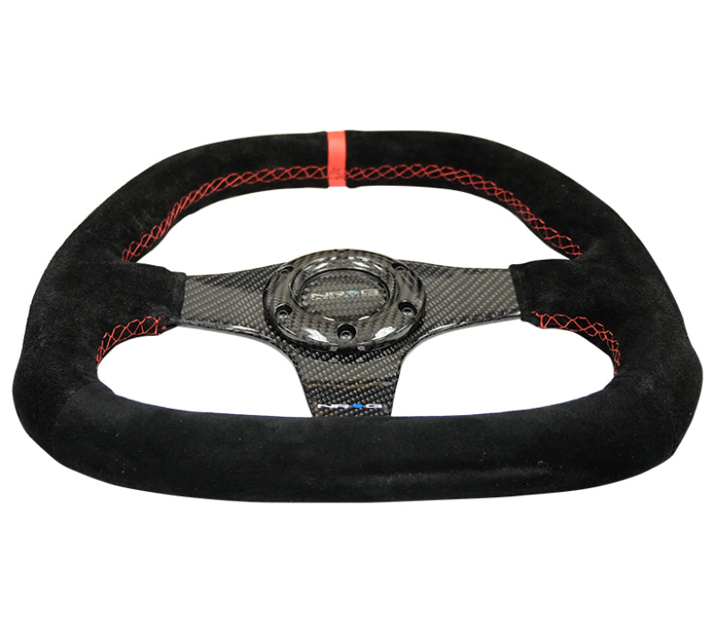 NRG ST-019CF - Carbon Fiber Steering Wheel (320mm) Flat Btm. Blk Suede/Red Stitch w/CF Spokes & Red Center Mark