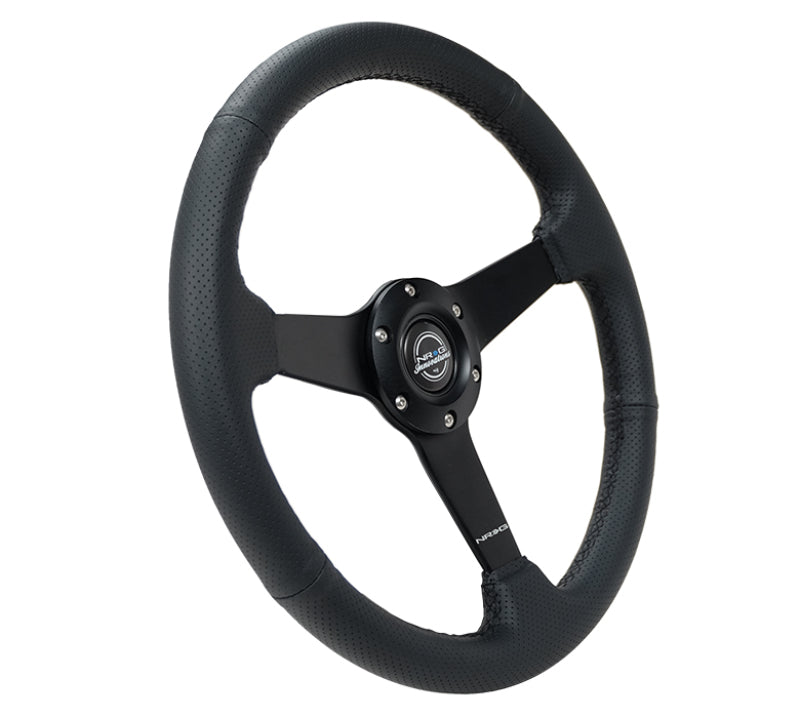 NRG RST-037MB-PR - Sport Steering Wheel (350mm / 1.5in Deep) Black Leather Black Stitch w/Matte Black Solid Spokes