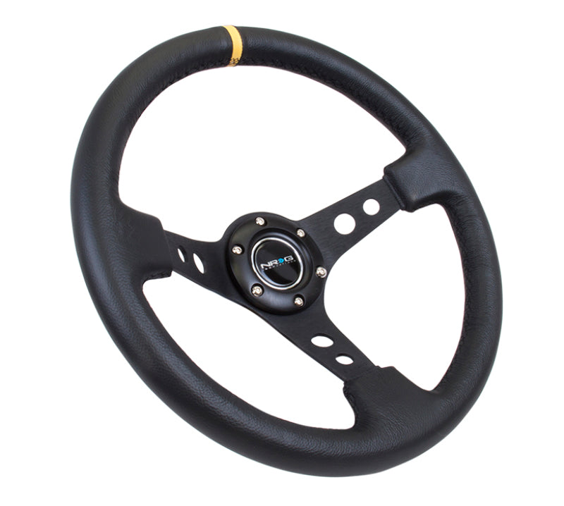 NRG RST-006BK-Y - Reinforced Steering Wheel (350mm / 3in. Deep) Blk Leather w/Blk Cutout Spoke/Yellow Center Mark