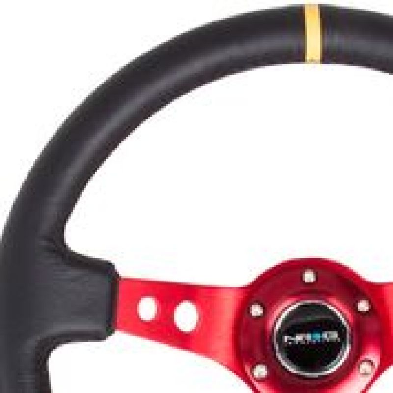 NRG RST-006RD-Y - Reinforced Steering Wheel (350mm / 3in. Deep) Blk Leather w/Red Spokes & Sgl Yellow Center Mark