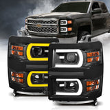 ANZO 111412 FITS: 14-15 Chevrolet Silverado 1500 Projector Headlights w/ Plank Style Switchback Black w/ Amber