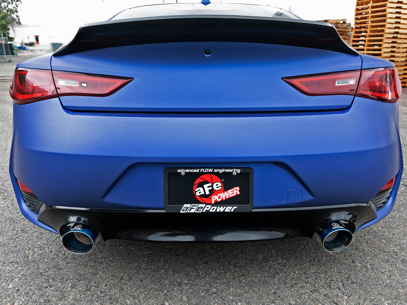 aFe POWER Takeda 2.5in 304 SS CB Exhaust w/ Blue Flame Tips 17-19 Infiniti Q60 V6-3.0L (tt)