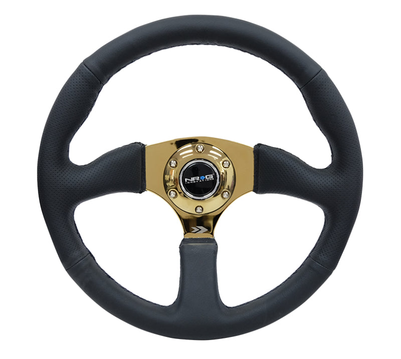 NRG Reinforced Steering Wheel (350mm / 2.5in. Deep) Leather Race Comfort Grip w/4mm Gold Spokes - free shipping - Fastmodz