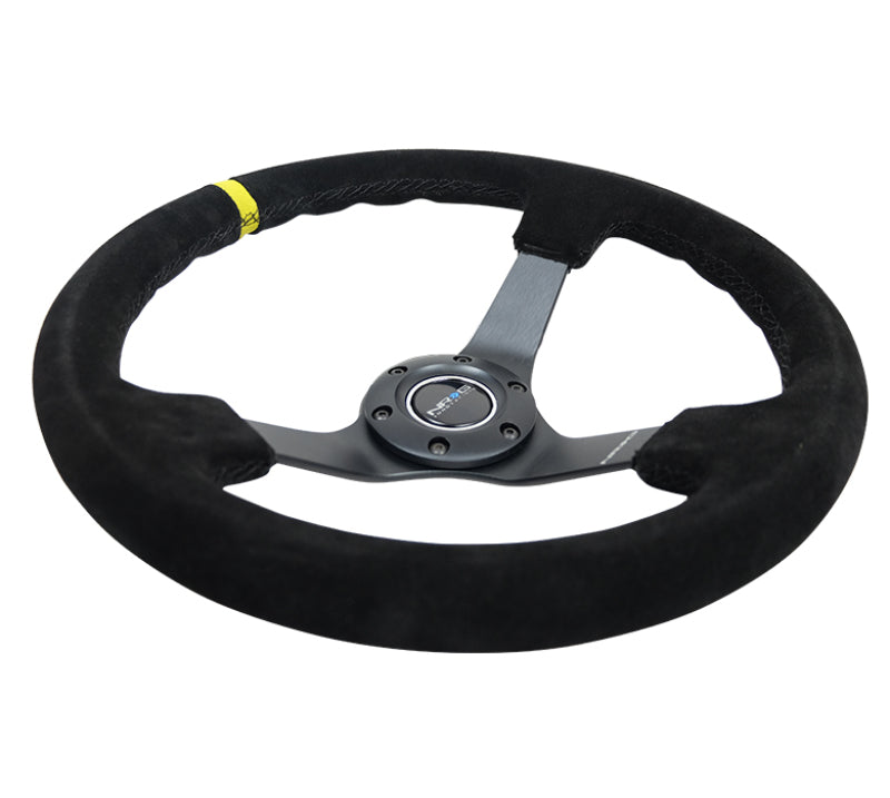 NRG RST-036MB-S-Y - Reinforced Steering Wheel (350mm / 3in. Deep) Blk Suede/X-Stitch w/5mm Blk Spoke & Yellow CM