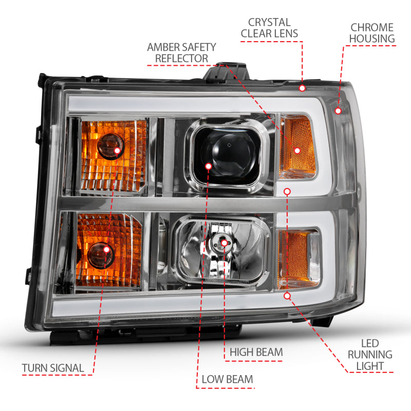 ANZO 111483 -  FITS: 2007-2013 Gmc Sierra 1500 Projector Headlight Plank Style Chrome w/ Clear Lens Amber