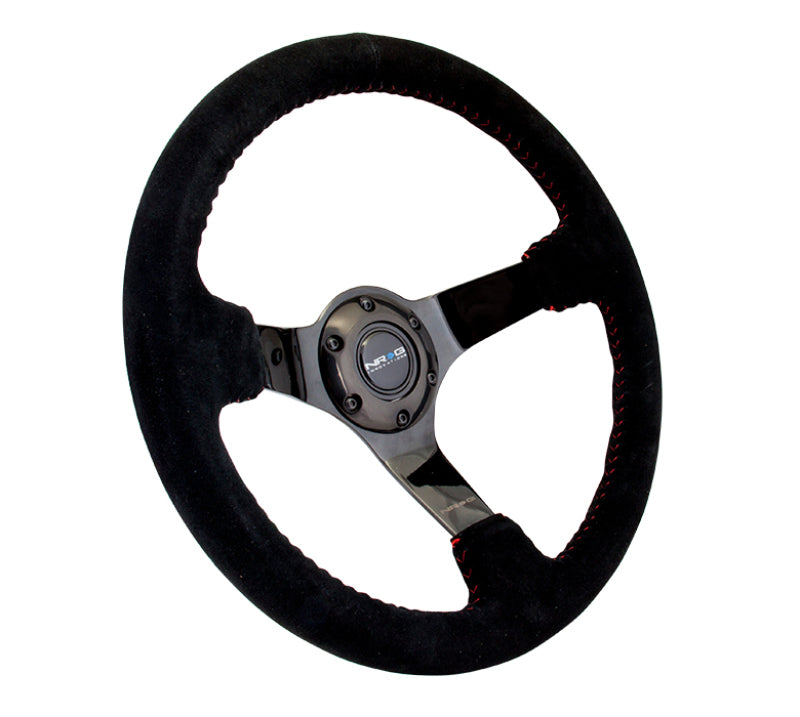 NRG RST-036BK-S - Reinforced Steering Wheel (350mm / 3in. Deep) Blk Suede w/Red BBall Stitch & Black 3-Spoke