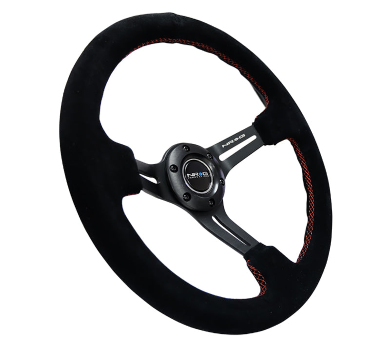 NRG Reinforced Steering Wheel (350mm / 3in. Deep) Blk Suede w/Red Stitching & 5mm Spokes w/Slits - free shipping - Fastmodz