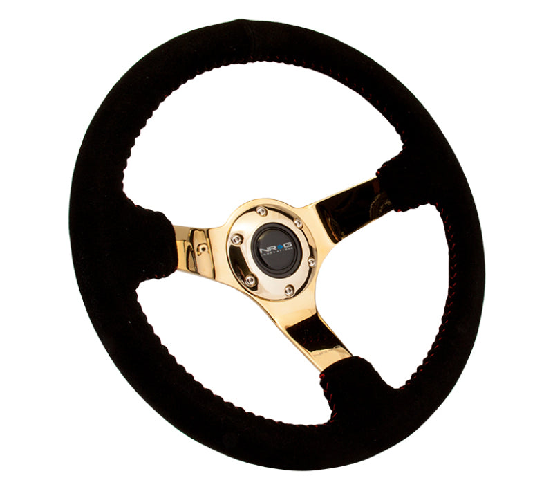 NRG RST-036GD-S - Reinforced Steering Wheel (350mm / 3in. Deep) Blk Suede w/Red BBall Stitch & Chrome Gold 3-Spoke