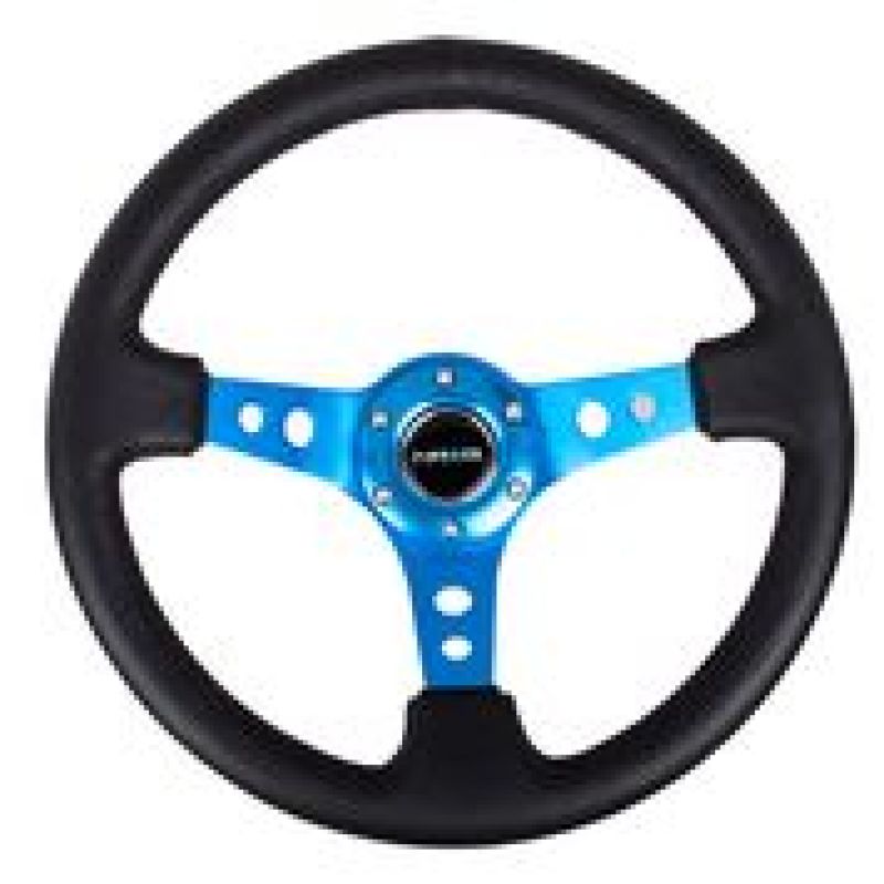 NRG RST-006BL - Reinforced Steering Wheel (350mm / 3in. Deep) Blk Leather w/Blue Circle Cutout Spokes
