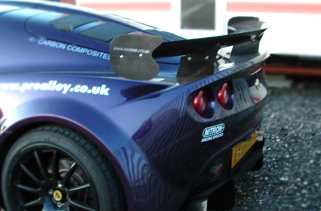 Reverie Lotus Elise/Exige S2 Carbon Rear Wing Kit (Curved) - 225mm Chord x W1650mm, Adjustable Clam (Standard)